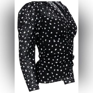 Rebecca Taylor - Black & White Textured Polka Dot Long Sleeve Ruched Blouse Sz 4